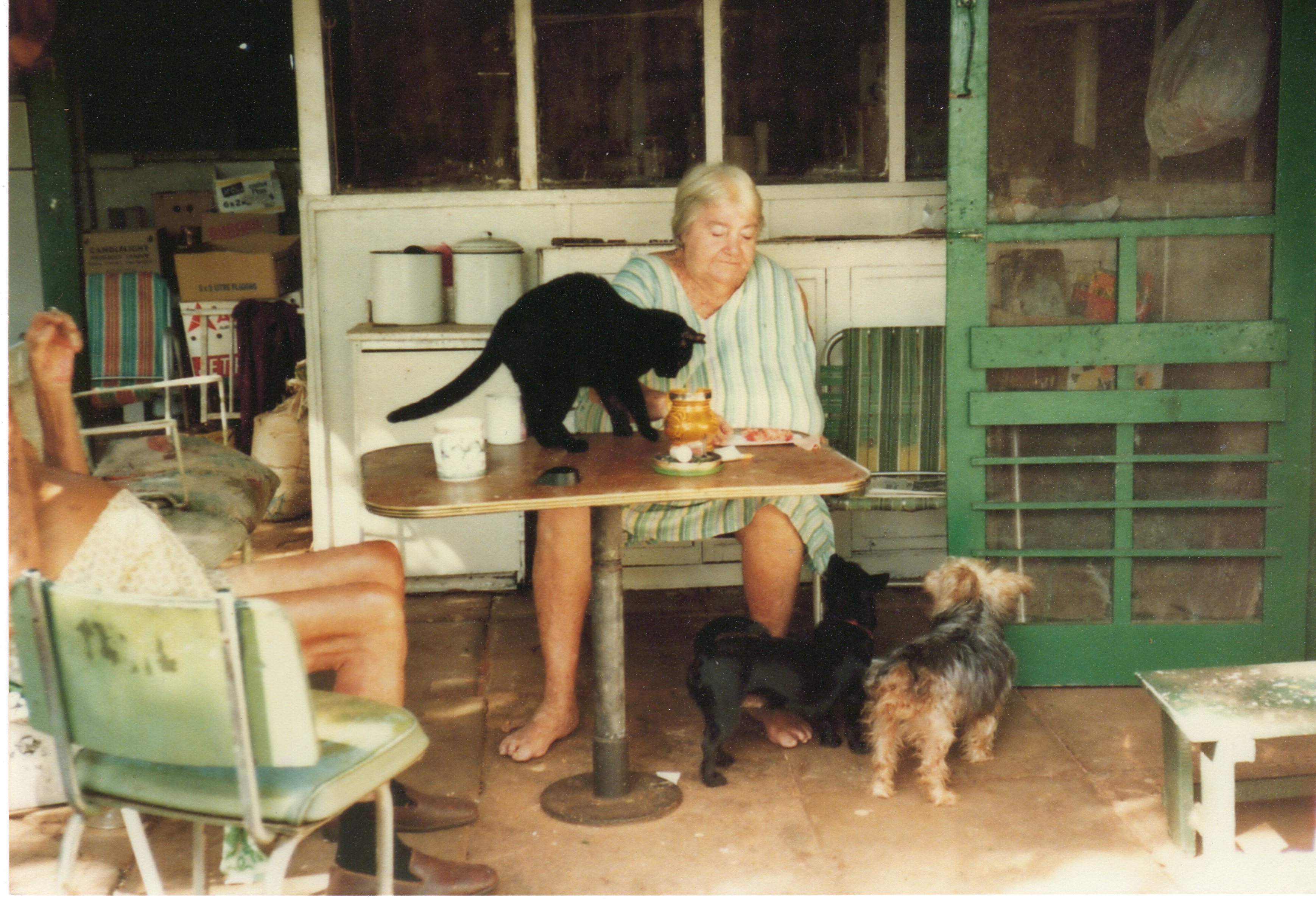 Sister O’Keeffe relaxing with Johnno, her husband, and animals at her home “Stray Leaves”, now known as O’Keeffe house.